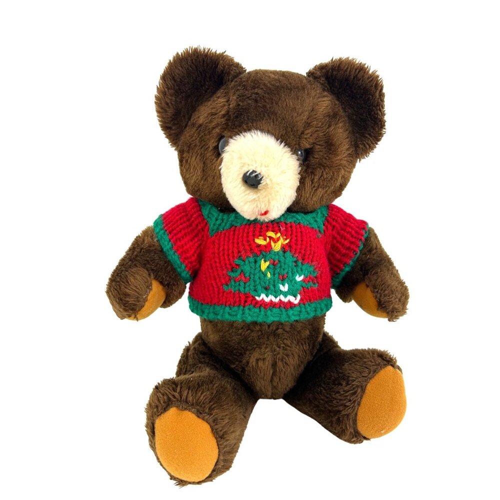 R. Dakin 1973 Vtg Teddy Bear Christmas Sweater Brown 16.5” Moveable Head Limbs